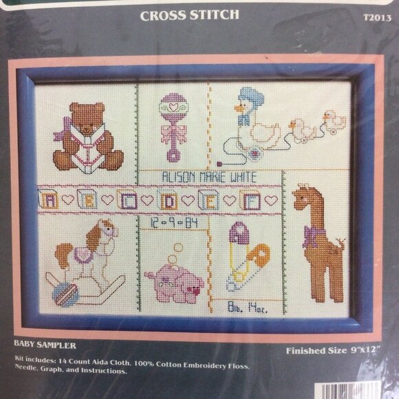 Traditions Cross Stitch Kit T2013 Baby Sampler Birth Record Gift Teddy Rattle - Picture 2 of 3